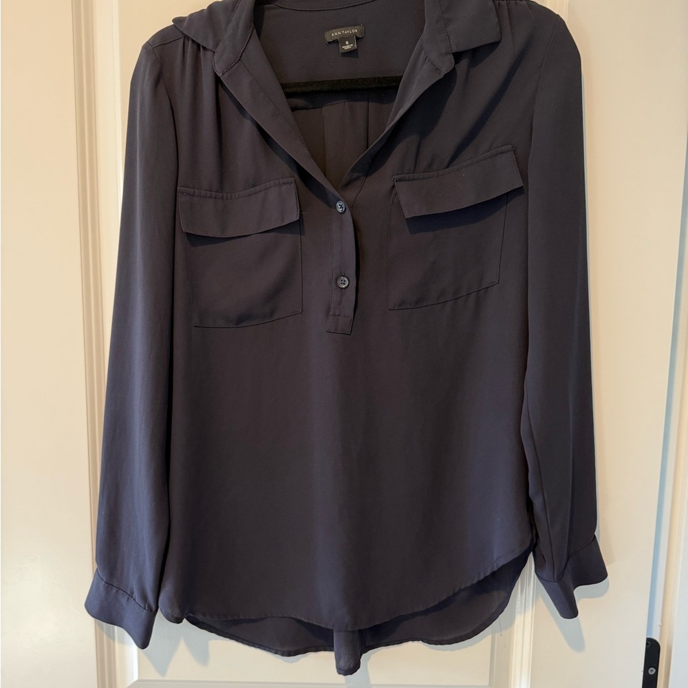 Ann Taylor Women's Navy Henley Button Blouse